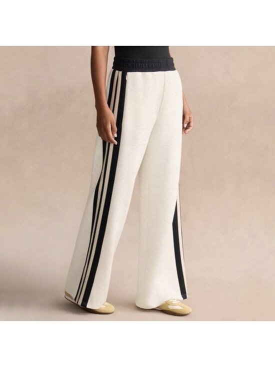 CAbi Pants - Cabi Wide Leg Track Pants Heather Beige Cream Black Stripe Women’s Size Medium